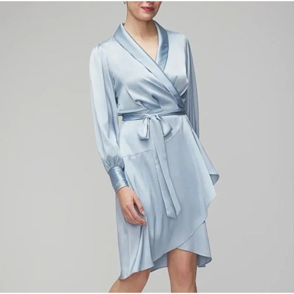 White House Black Market Womens Satin Wrap Mini Dress Vintage Indigo Blue 6P